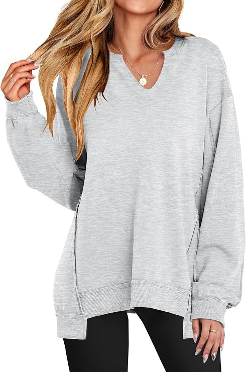 ANRABESS Women's Long Sleeve V-Neck Oversized Sweatshirts | Soft Lightweight Loose Fit Pullover T... | Amazon (US)