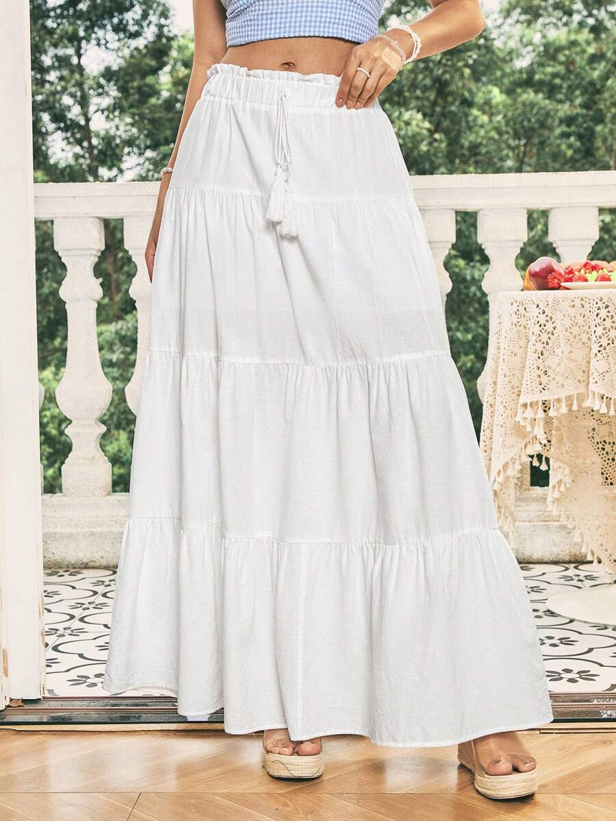 SHEIN WYWH Vacation Women's Waist Tie  White Skirt With Ruffle Hem Design | SHEIN