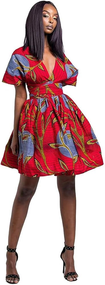 BAIMORE Womens Boho Vintage African Style Sexy V-Neck Printed Multi-Way Club Pleated Dress at Ama... | Amazon (US)