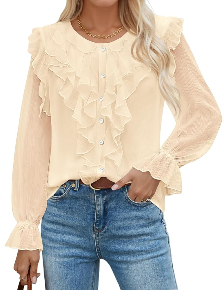 ZESICA Women's Chiffon Dressy Casual Blouses Long Sleeve Button Down V Neck Ruffle Layered Shirts... | Amazon (US)