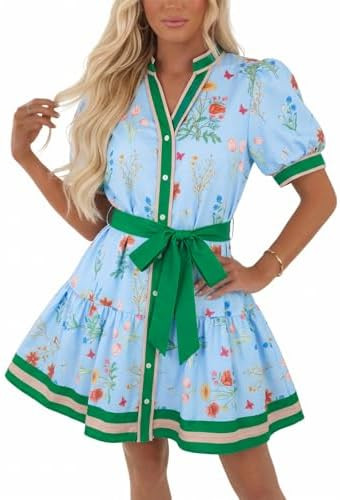 Wenrine Womens Summer Floral Mini Dress Puff Short Sleeve V Neck Button Down Casual Loose Boho Be... | Amazon (US)