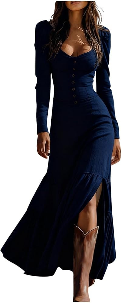 Western Cowgirl Dress for Women Long Sleeve Deep V Neck Boho Vintage Maxi Dress Retro Western Sty... | Amazon (US)