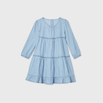 OshKosh B'gosh Toddler Girls' Tiered Chambray Long Sleeve Dress - Blue | Target