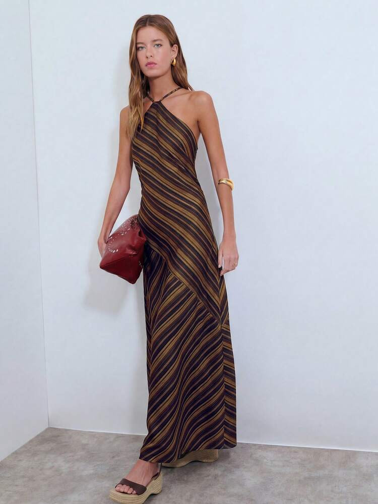 Nöista Halter Midi Dress In Blue And Grey Stripes With Multiple Directions.Spring Festival, Summer Clothes, Vacation Outfits Festival, Beach For Festival. | SHEIN