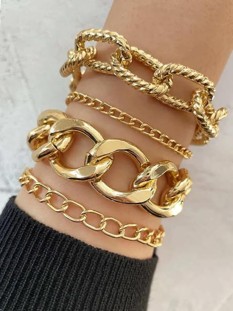 Amazon.com: 4Pcs Retro Gold Thick Chain Bracelet Set For Women Chunky Multi Layer Stackable Cuff ... | Amazon (US)