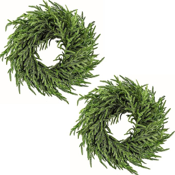 2 Pack 24" Norfolk Pine Wreath for Front Door, Artificial Christmas Wreath Faux Pine Green Wreath... | Amazon (US)
