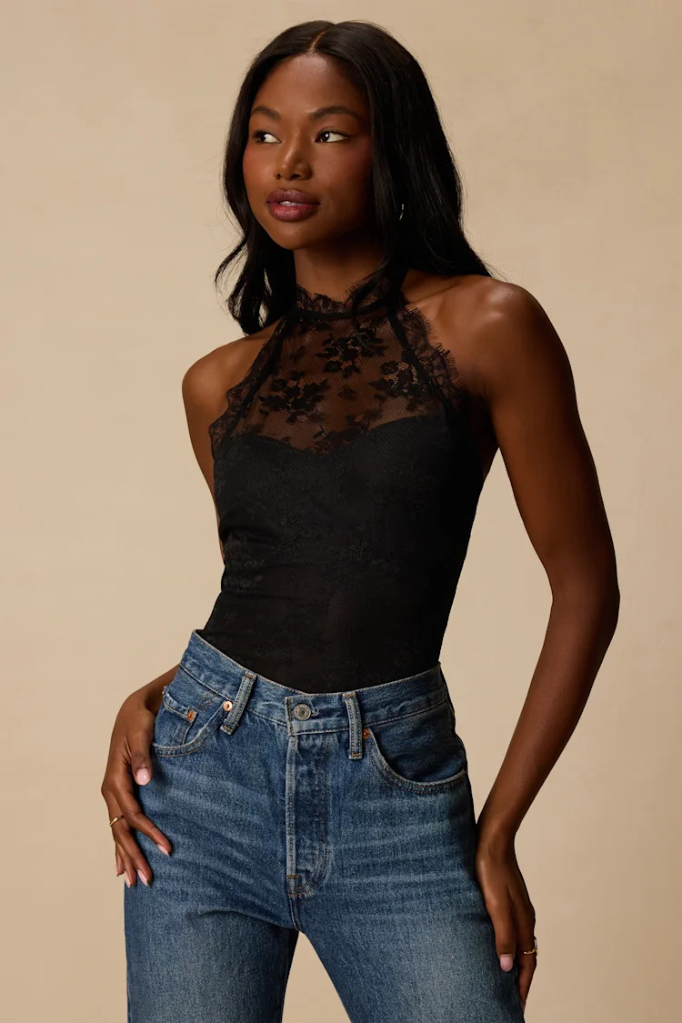 Cambrie Black Lace Halter Bodysuit | Lulus