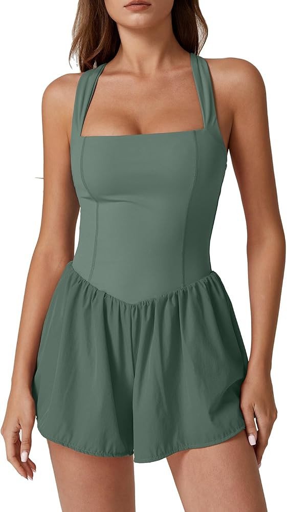 QINSEN Women's Square Neck Sleeveless Romper Jumpsuit Casual Summer One Piece Outfit with Pocket | Amazon (US)