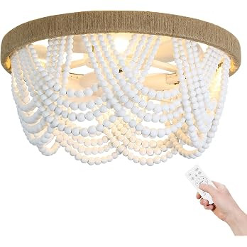 Boho Ceiling Fan with Light and Remote, 20‘’ Wood Beads Flush Mount Ceiling Fans with 6 Speed... | Amazon (US)