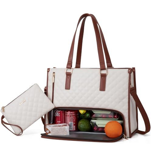 LOVEVOOK Lunch Tote Bag for Women, 15.6 Inch Laptop Bag with Insulated Lunch Compartment, Quilted Large Capacity Computer Handbag with Purse for Business, Work, Collage, Office, Casual, Beige-brown | Amazon (US)