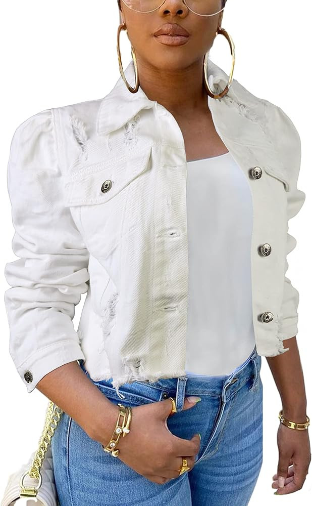 Jean Jacket for Women Long Puff Sleeve Distressed Crop Denim Jackets Top | Amazon (US)