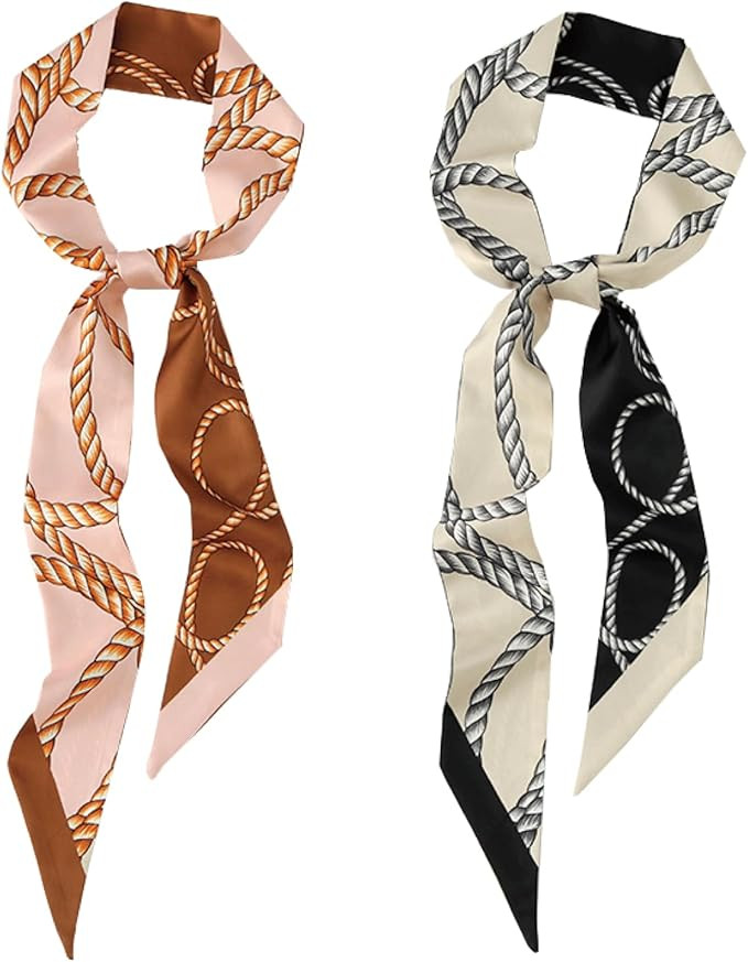 2 Pack Silk Purse Scarf For Handbags Head Hair Ribbon Fashion Skinny Scarf For Women Long Neckerc... | Amazon (US)