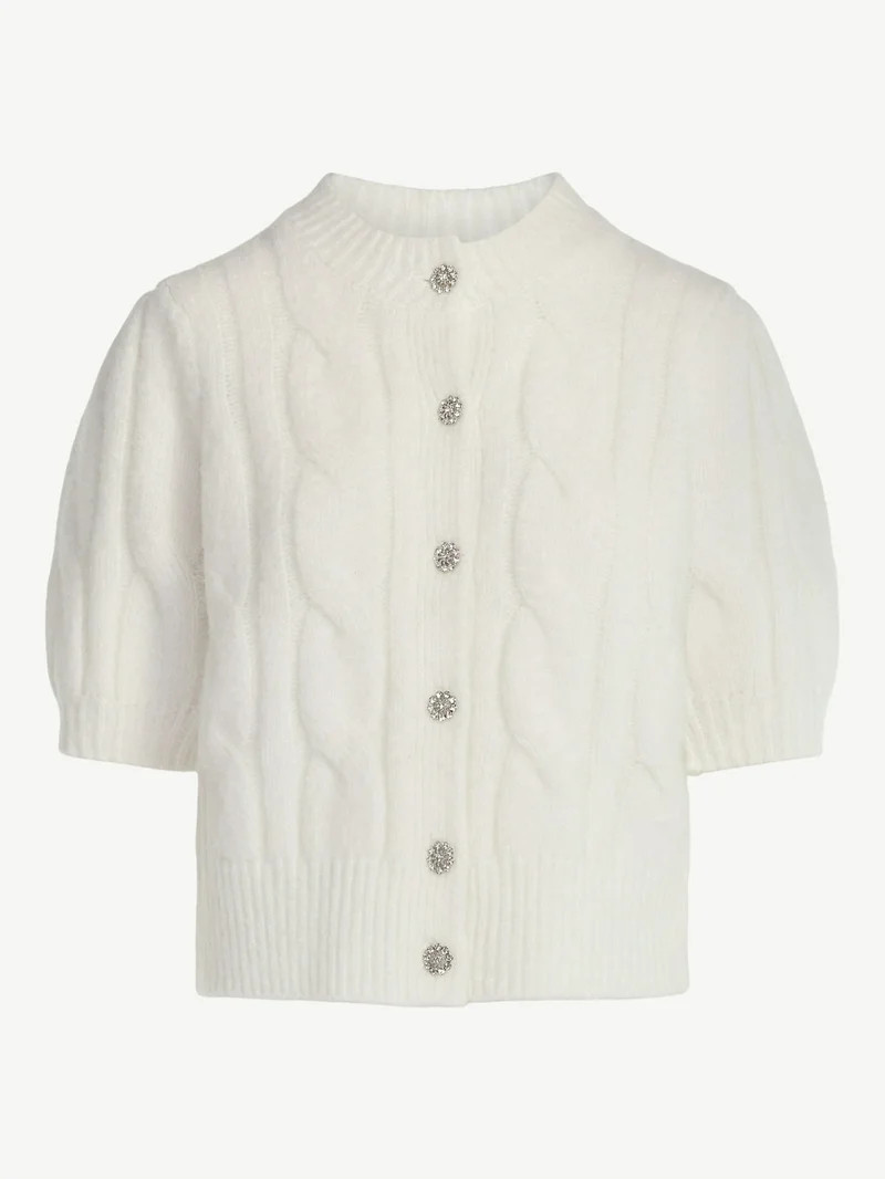 Free Assembly Women's and Women's Plus Cable Cardigan with Short Puff Sleeves, Sizes XS-4X | Walmart (US)