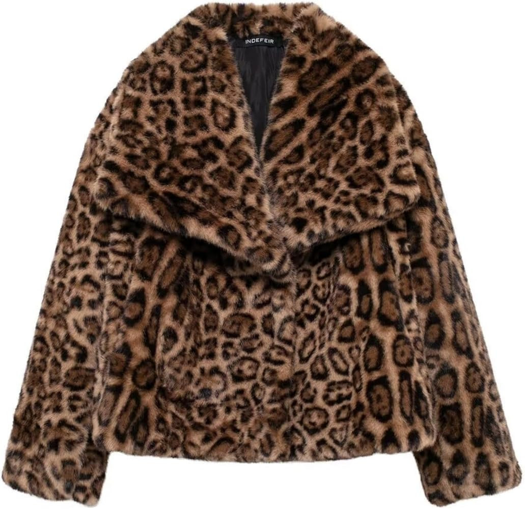Perbai Women's Cropped Faux Fur Jacket Leopard Printed Lapel Open Front Shaggy Furry Winter Coat | Amazon (US)