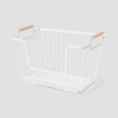 Metal Stackable Wire Pantry Basket with Rubber Wood Handle White - Brightroom™: Kitchen Storage Organizer, 9"x13.5" | Target