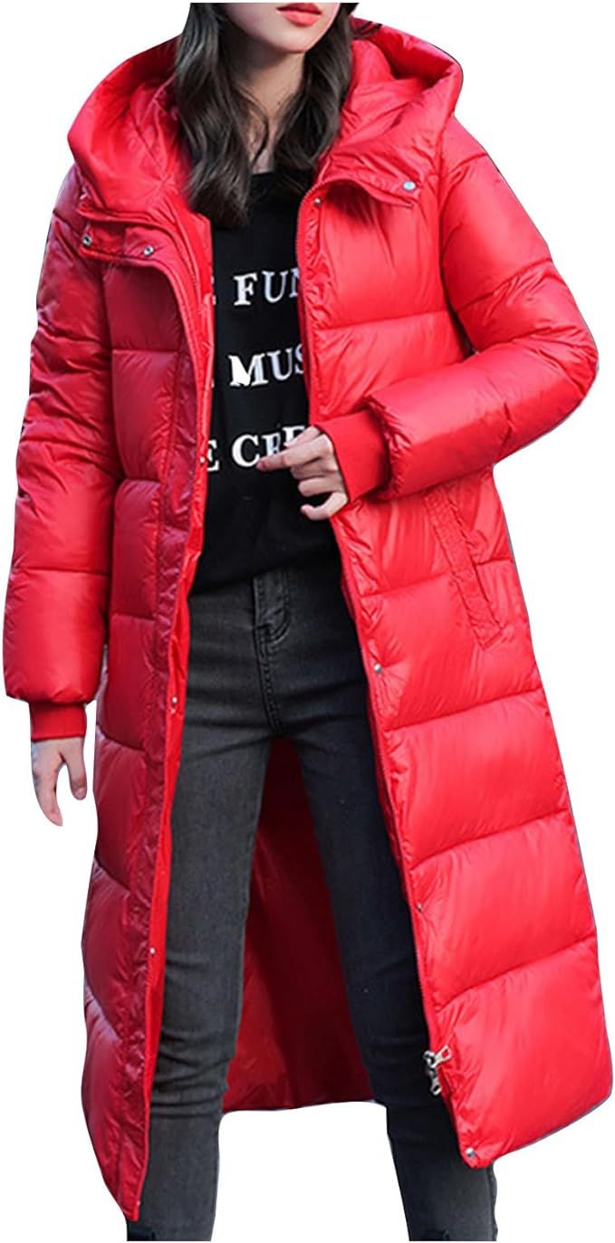 SMIDOW Long Puffer Coat For Women With Hood Trendy 2023 Shiny Padded Ladies Puffer Jacket Winter ... | Amazon (US)