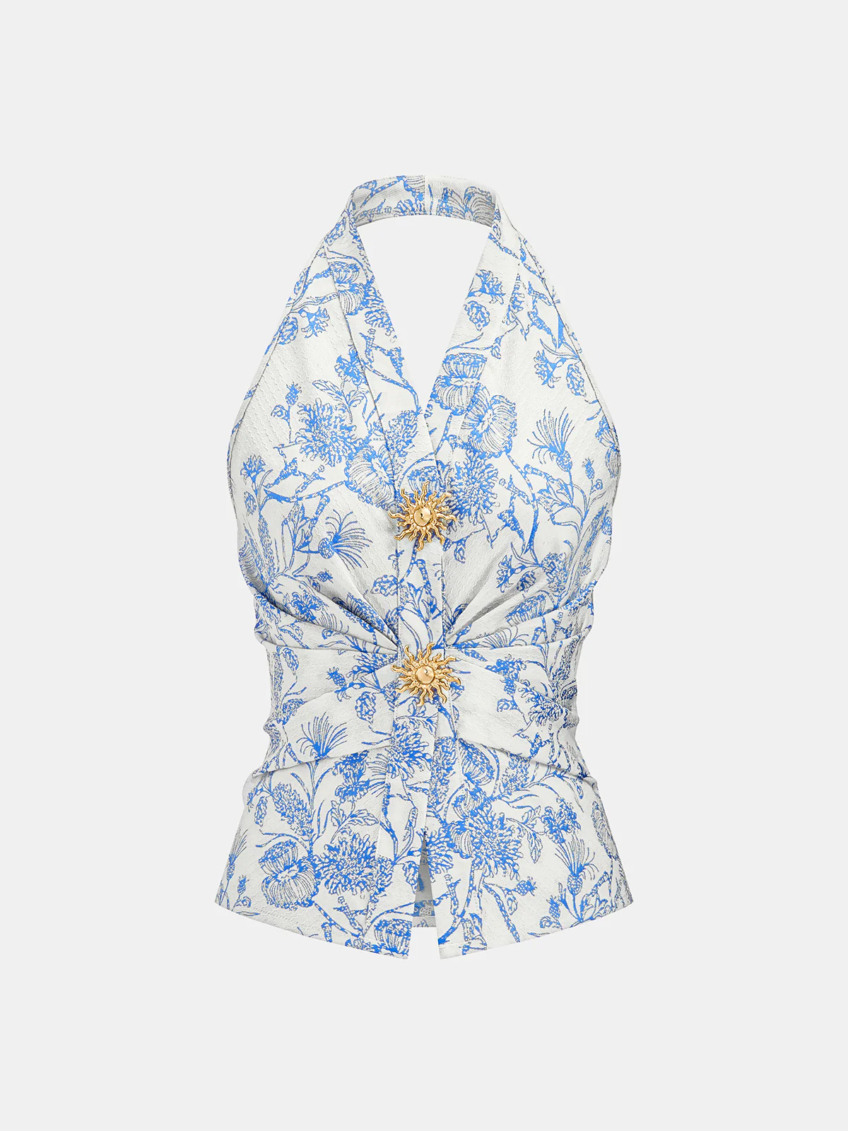 Floral Print Embellished Ruched Halter Top | Commense