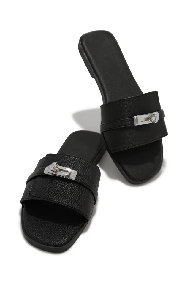 Miss Lola | Bianca Black Slip On Sandals | MISS LOLA