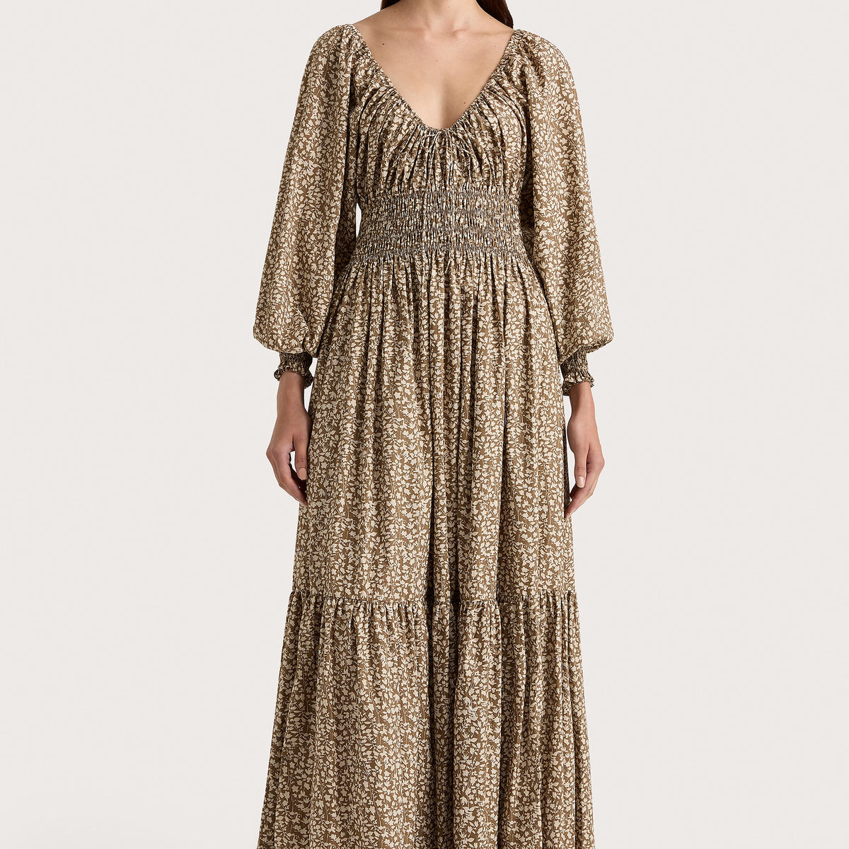 Fleur Maxi Dress Micro Leaves Walnut | Faithfull (AU)