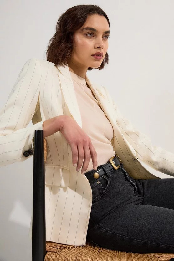 Petite Premium Linen Viscose Pinstripe Tailored Jacket | Karen Millen UK + IE + DE + NL