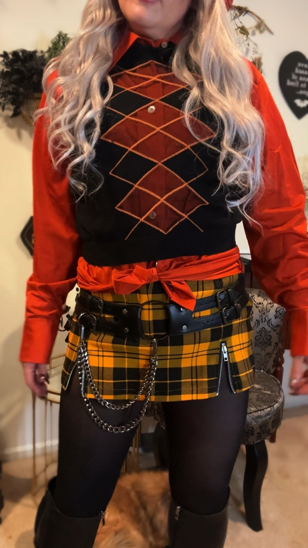 Old-fashioned orange + black plaid but make it alternative goth fashion 🖤🧡
Linked everything I could from FoxBlood, Disturbia, and Band Impérial.
Follow me here on LTK for more haunted wardrobe staples + daily alt fashion finds.

🕸️ Outfit:
• Orange point-collar top (FoxBlood)
• Plaid skirt + purse (Band Impérial)
• Belt (Disturbia)
• Platform OTK boots + black tights

#LTKSeasonal