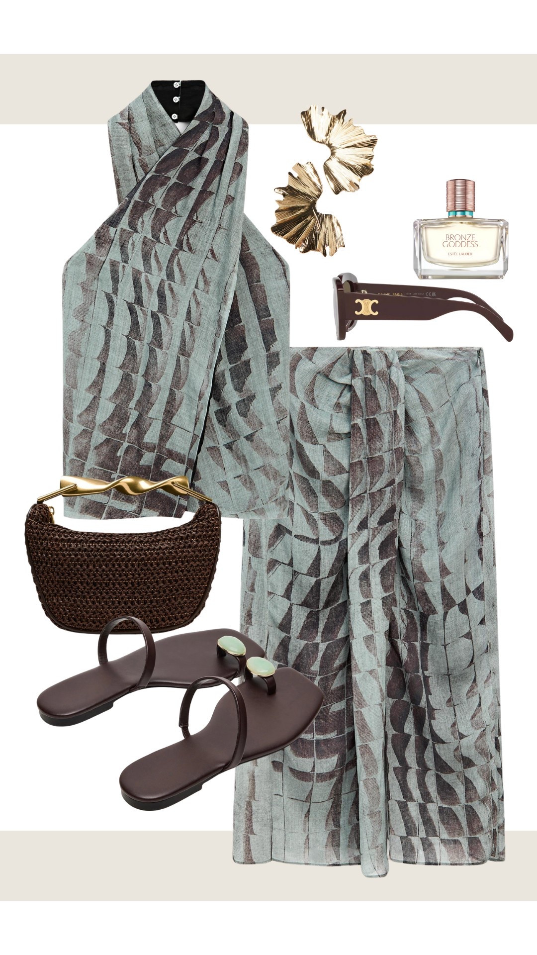 Summer holiday co-ord🧚🤎Linen turquoise & brown halter neck top and matching midi skirt with thong sandals, raffia bag, Celine sunglasses, gold earrings & summer fragrance. Breezy, boho, elevated casual chic outfit,
Seaside dinners, vacation style, holiday evening look.

#LTKeurope #LTKstyletip #LTKsummer