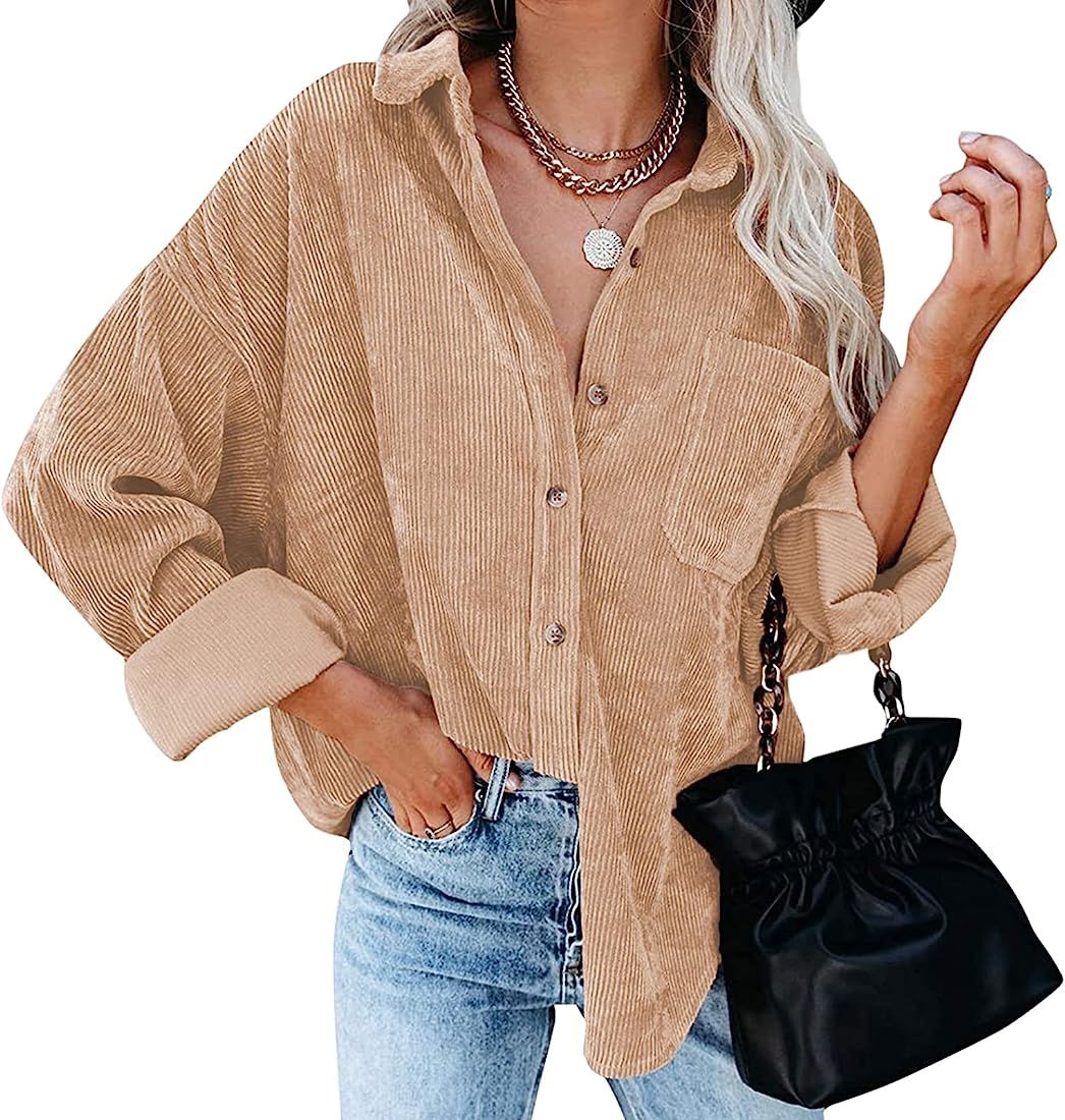 Womens Corduroy Shirts Long Sleeve Boyfriend Oversized Button Down Blouses Tops Casual Loose Jacket  | Amazon (US)