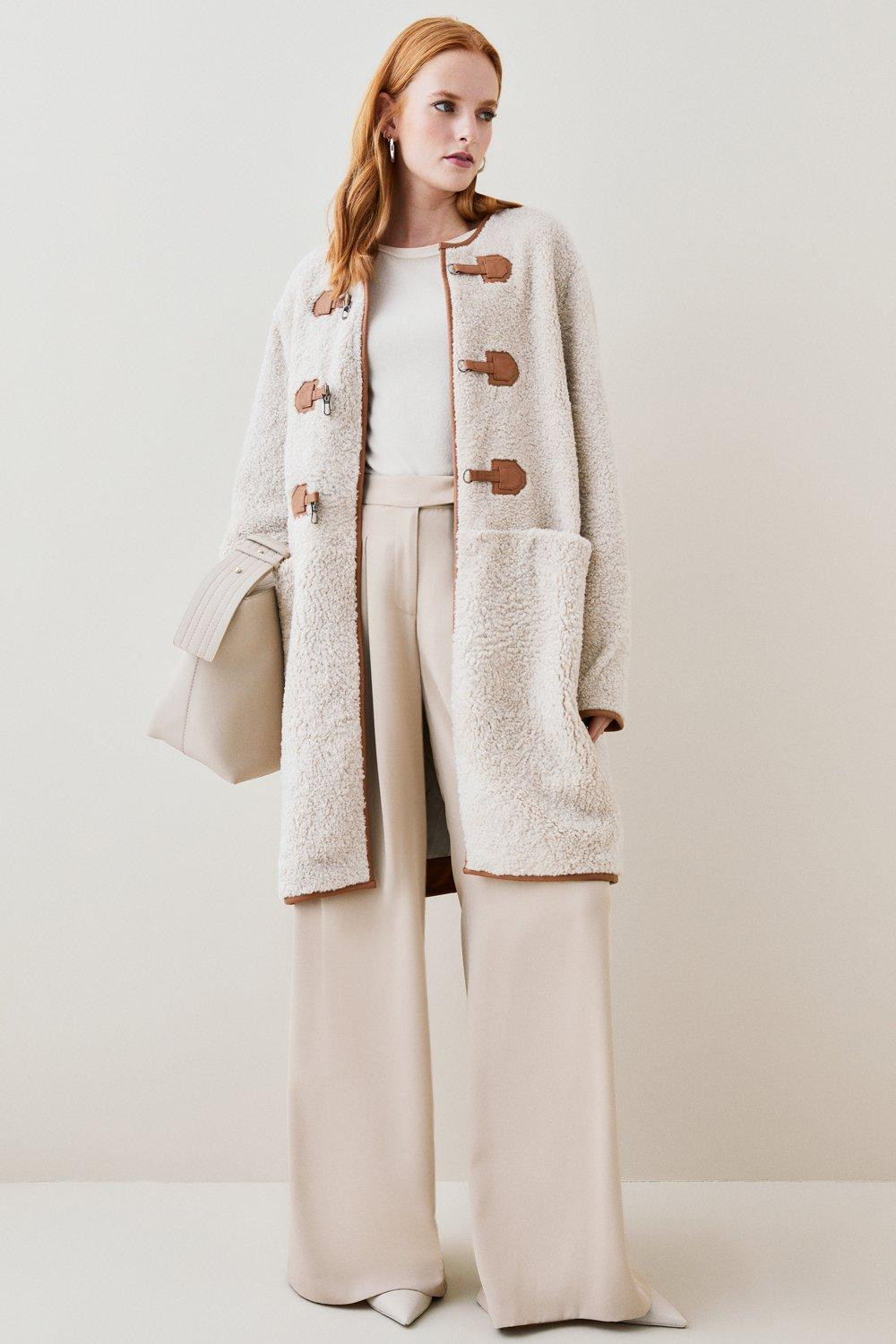 Merino Shearling & Leather Tab Detail Coat | Karen Millen US
