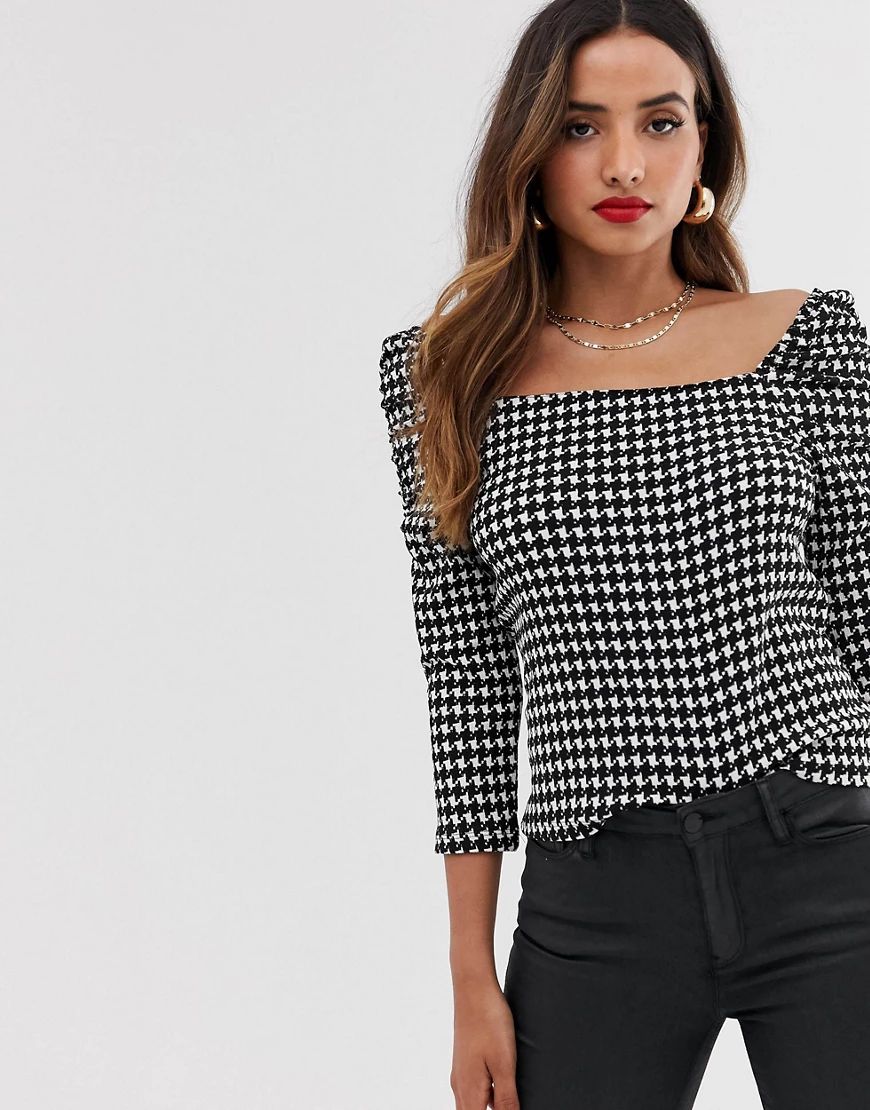 River Island puff sleeve top with square neck in gingham-Multi | ASOS (Global)