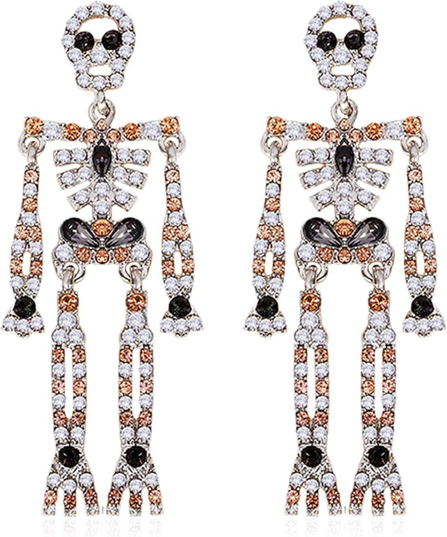 Halloween Skeleton Skull Earrings for Women Bling Rhinestone Crystal Gothic Skull Earring Halloween  | Amazon (US)