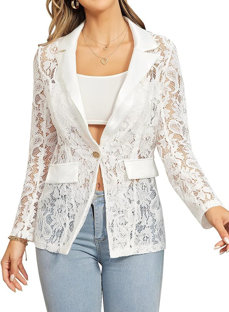 WDIRARA Women's Floral Lace Mesh One Button Lapel Neck Long Sleeve Elegant Jacket Blazer | Amazon (US)