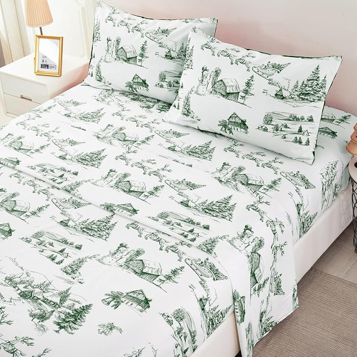 Yiran Green Christmas Sheet Set King 4 Piece Christmas Deer and Tree Bed Sheet Soft Microfiber De... | Amazon (US)