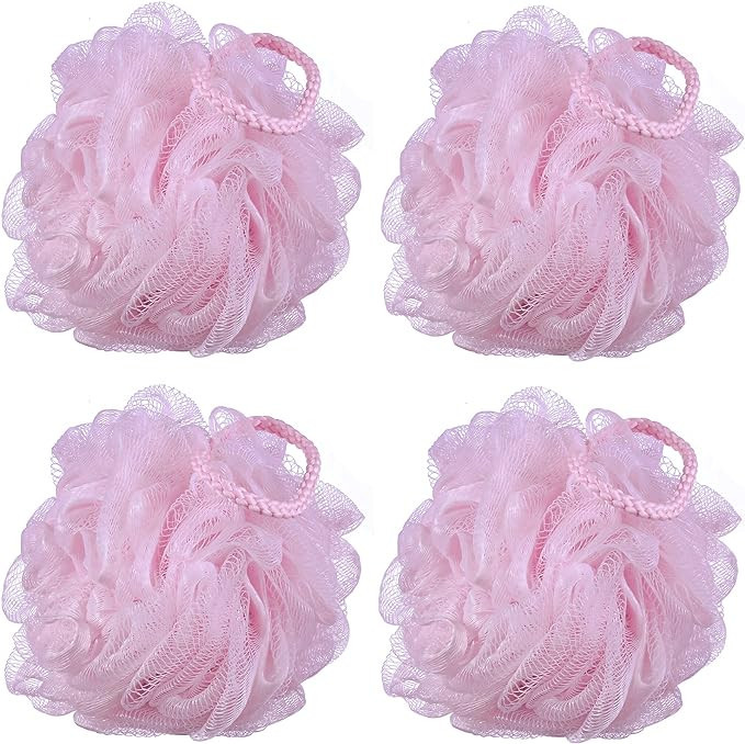 iboodi 60g/pcs Pink Mesh Bath Sponge Shower Pouf Loofahs Shower Puff Pack of 4 (Pink) | Amazon (US)