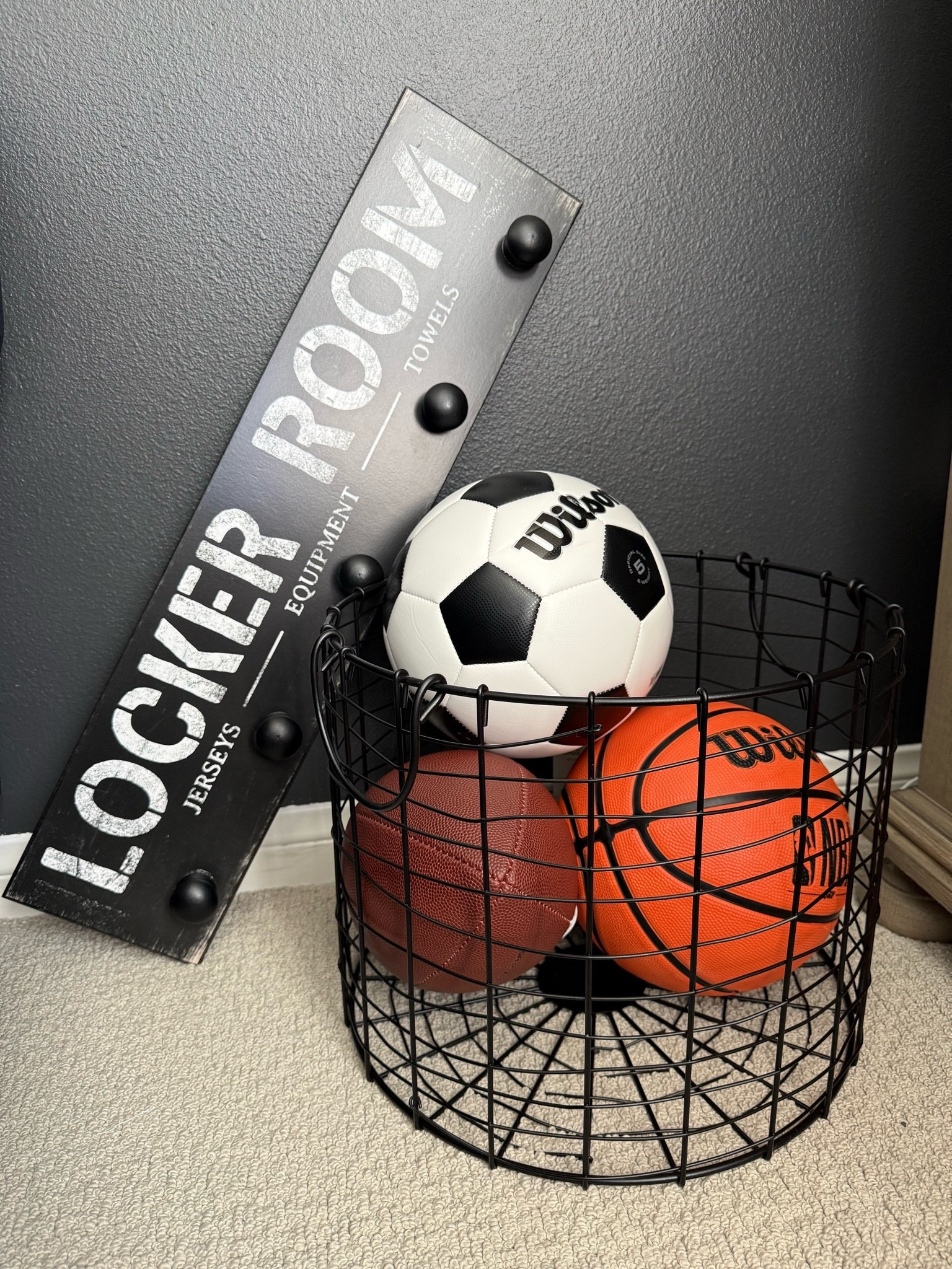 A few things I have bought for the boys room 🏀🏈⚽️ Can you tell what theme we’re going for?! Sign with hooks is Hobby Lobby. 

Boys bedroom, sports bedroom, big boy room, basketball room, soccer room, football room, kids bedroom, Hobby Lobby, Target, Wayfair

#LTKmomlife #LTKKids #LTKHome