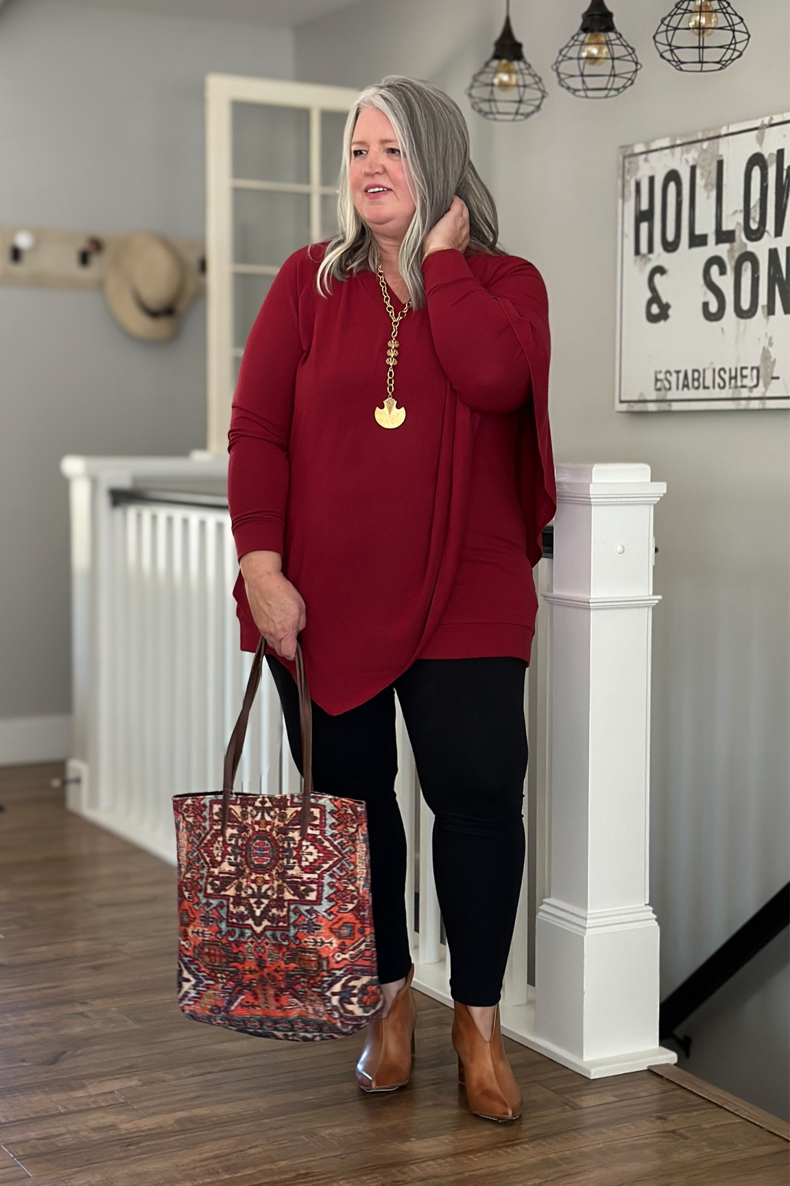 @softsurroundings plus-size tunic sets the stage for the perfect plus-size fall outfit. Also this CARPET BAG tote is everything. 
Tunic 1X | Leggings 1X | Booties run at least 1 whole size small 

#LTKmidsize #LTKplussize #LTKstyletip