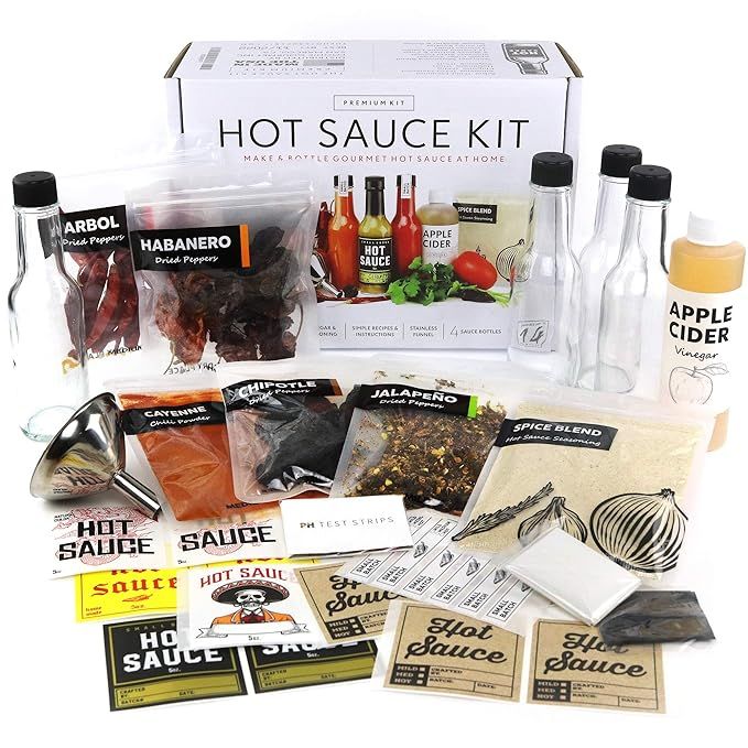 Deluxe Hot Sauce Making Kit, 3 Varieties of Chili Peppers, Gourmet Spice Blend, 3 Bottles, 11 Fun... | Amazon (US)