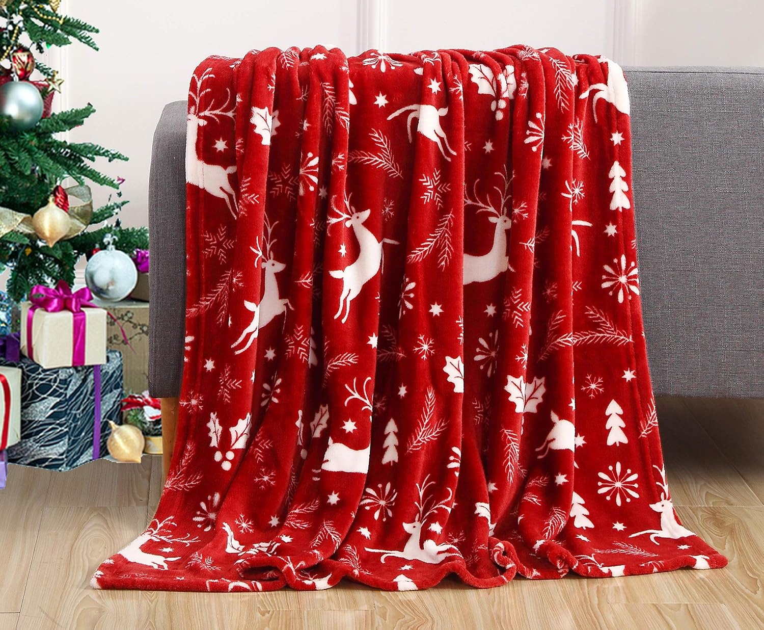 Elegant Comfort Luxury Velvet Super Soft Christmas Prints Fleece Blanket-Holiday Theme Home Décor Fuzzy Warm and Cozy Throws for Winter Bedding, Couch and Gift, 50 x 60 inch, Burgundy Reindeer | Amazon (US)
