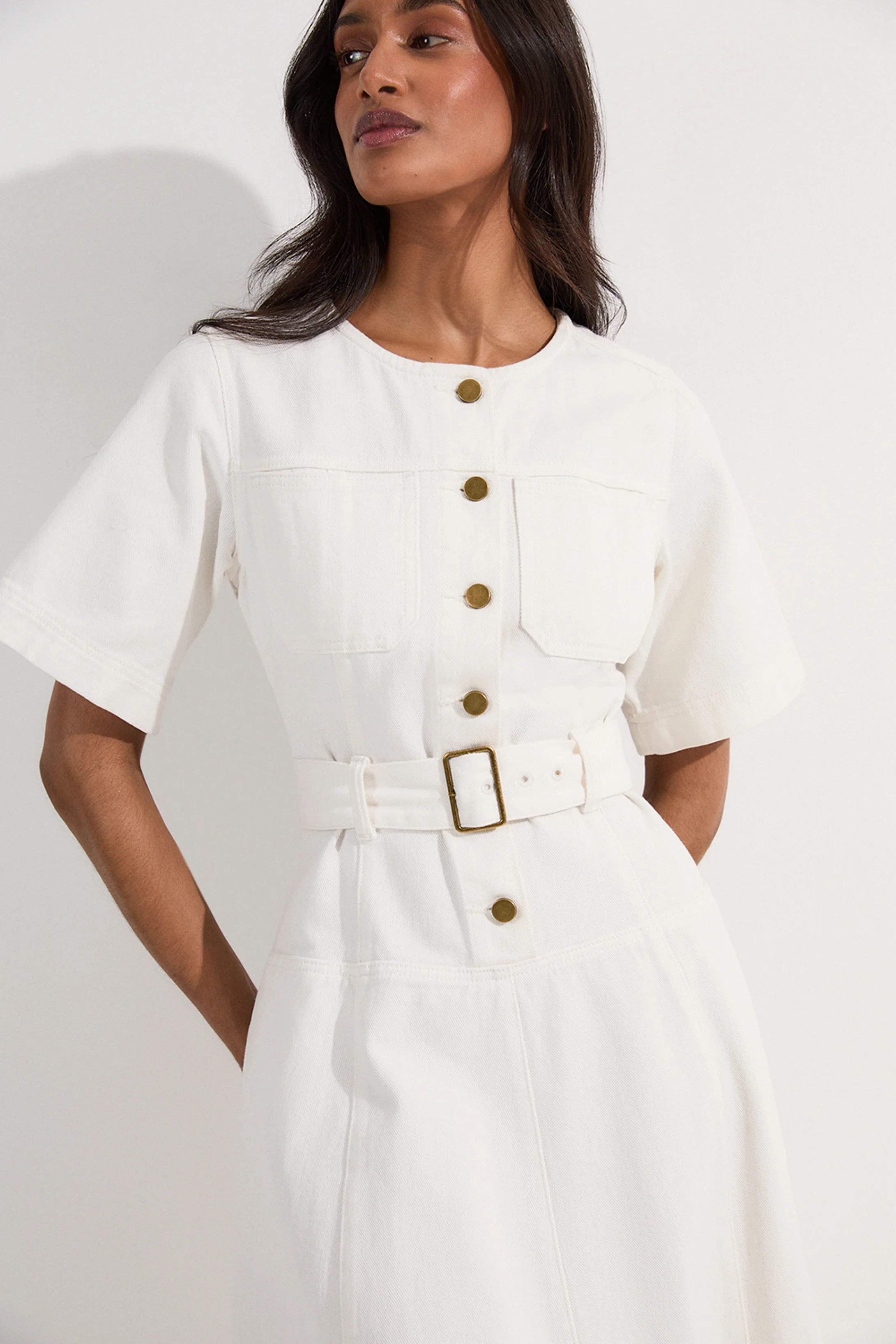 Denim Soft Wash Short Sleeve Belted Midi Dress | Karen Millen UK + IE + DE + NL