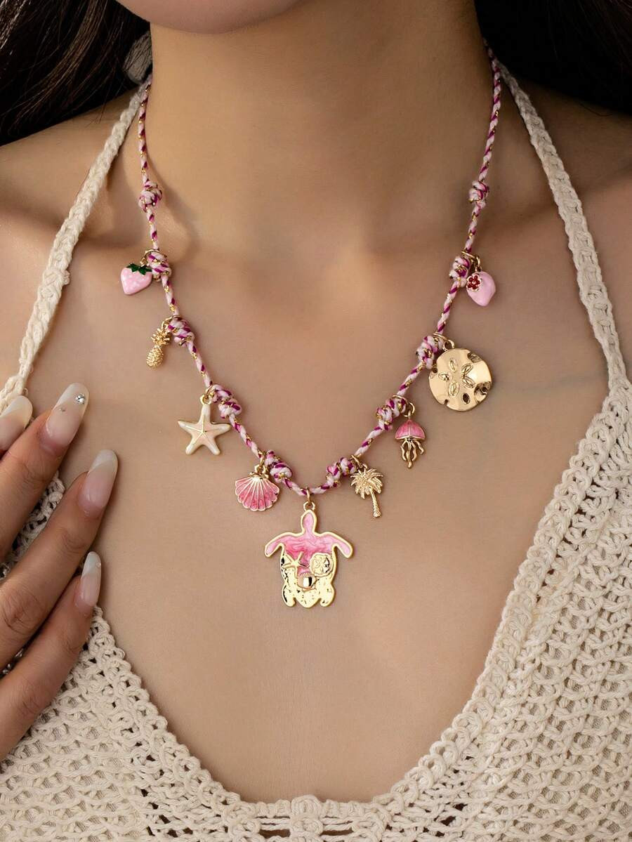 1pc Summer Bohemian Style Handmade Woven Ocean Creature Pendant Necklace, Sea Turtle, Starfish, S... | SHEIN