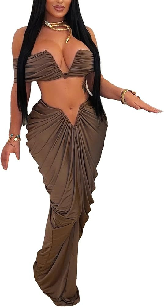 Tcremisa Women's 2 Piece Skirts Sets Sexy V Neck Tube Tops High Waist Ruched Pleated Skirts Outfi... | Amazon (US)