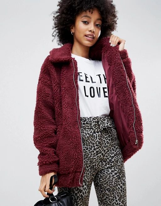 New Look teddy faux fur bomber jacket in burgundy | ASOS US