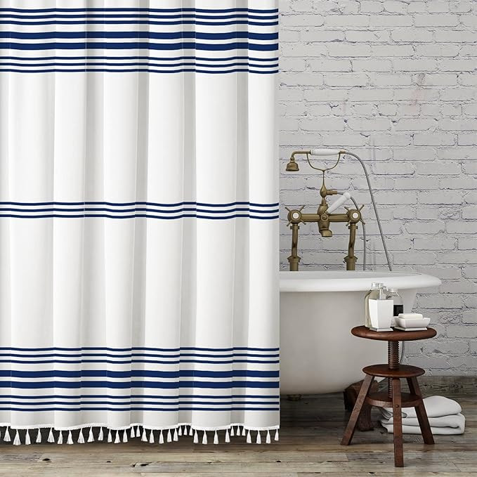 Seasonwood Extra Long Shower Curtain 96 inch,White and Navy Blue Striped Modern Farmhouse Curtain... | Amazon (CA)
