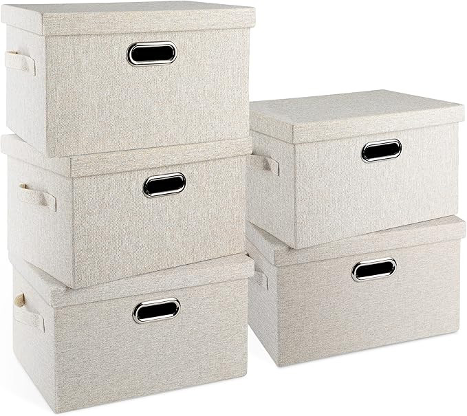 Medium 15" 21 Quart Collapsible Stackable Storage Bins with Lids, 5 Packs Beige Foldable Fabric C... | Amazon (US)