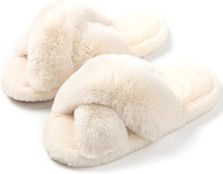 Tonchberry Cross Band Faux Fur Fuzzy Slippers for Women Plush Fluffy Furry Open Toe Slide Slipper... | Amazon (US)