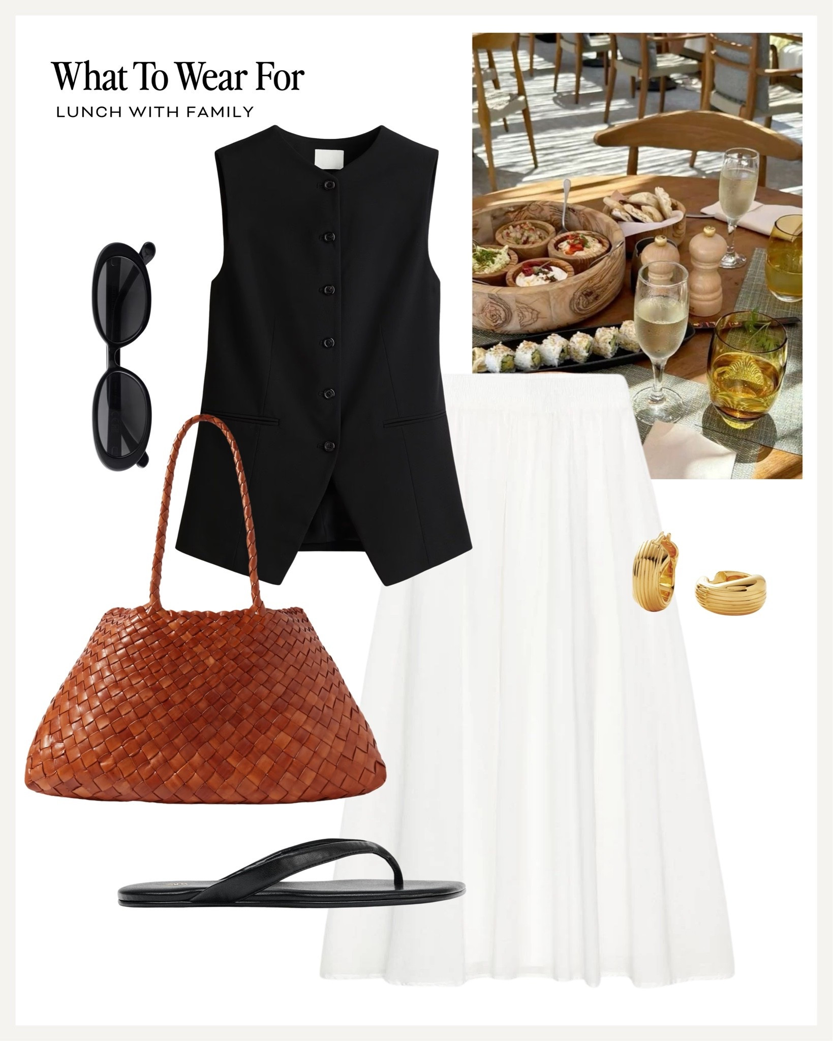 Effortless summer outfits ☀️ 

White midi skirt, black waistcoat, woven tote, chic style

#LTKsummer