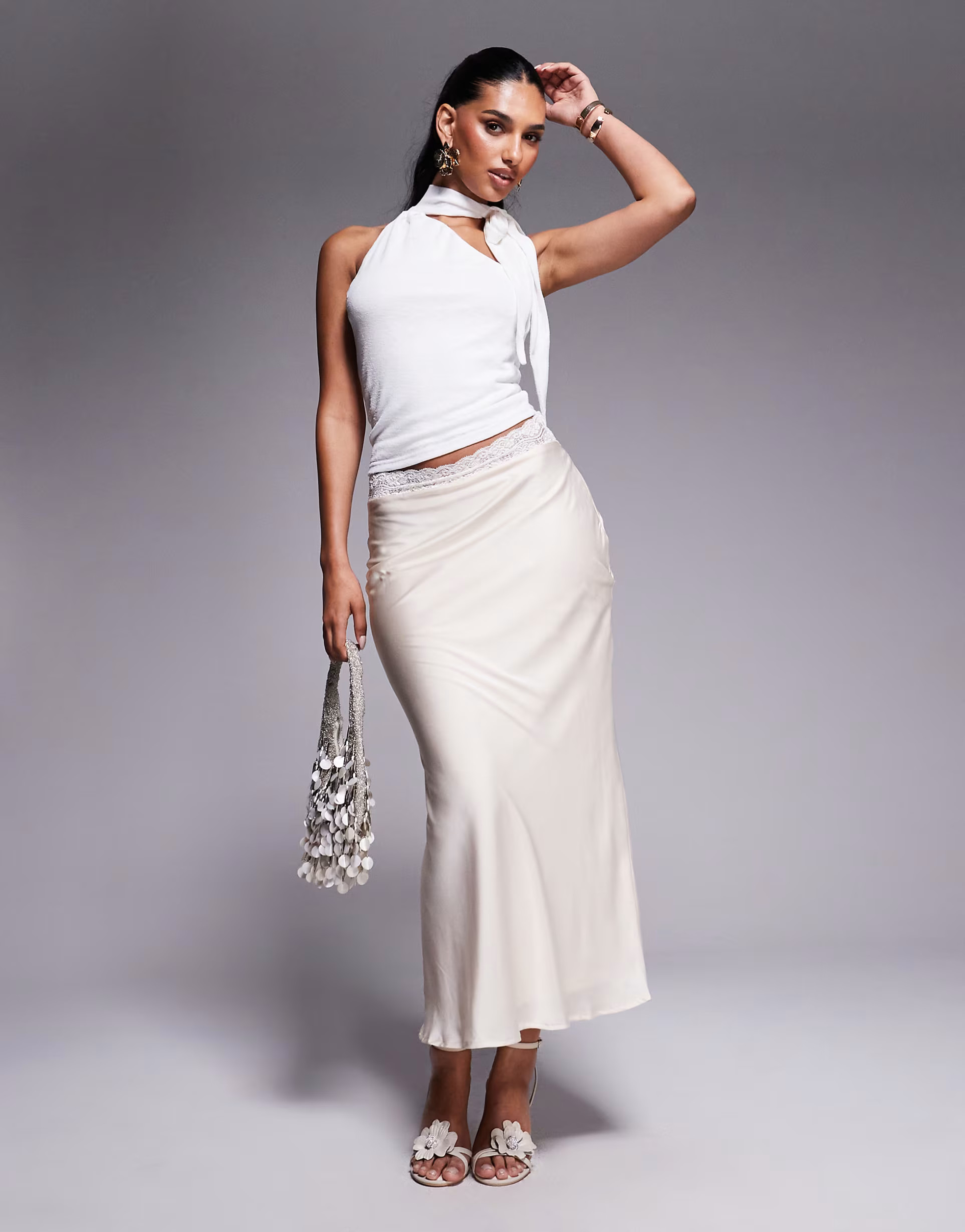 Princess Polly Charmaine satin lace trim waist maxi skirt in cream | ASOS (Global)