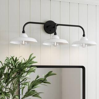 Mable Farmhouse Bathroom 31 in. 3-Lights Vanity Light Fixture with Black Metal Frame and White Sh... | The Home Depot
