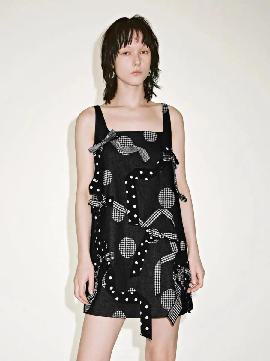 Check Bow Applique Strappy A Line Midi Dress | Urban Revivo