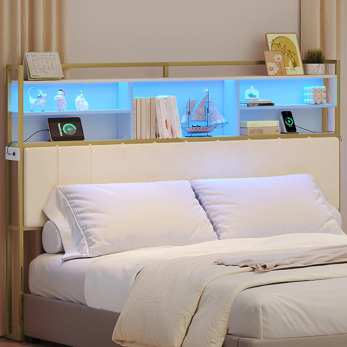 Headboard with 3-Tier Storage Shelves, Velvet Upholstered Head Board with 2 Outlets, USB Ports & ... | Wayfair North America