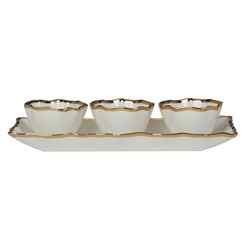 Regency Gold 4pc Porcelain Tray & Cond. Bowls Set, 14" Tray with 4.25" Bowls, Scalloped Edges & Metallic Gold Rim, Elegant Serveware for Dips, Sauces & Appetizers, Perfect for Entertaining & Holidays | Amazon (US)